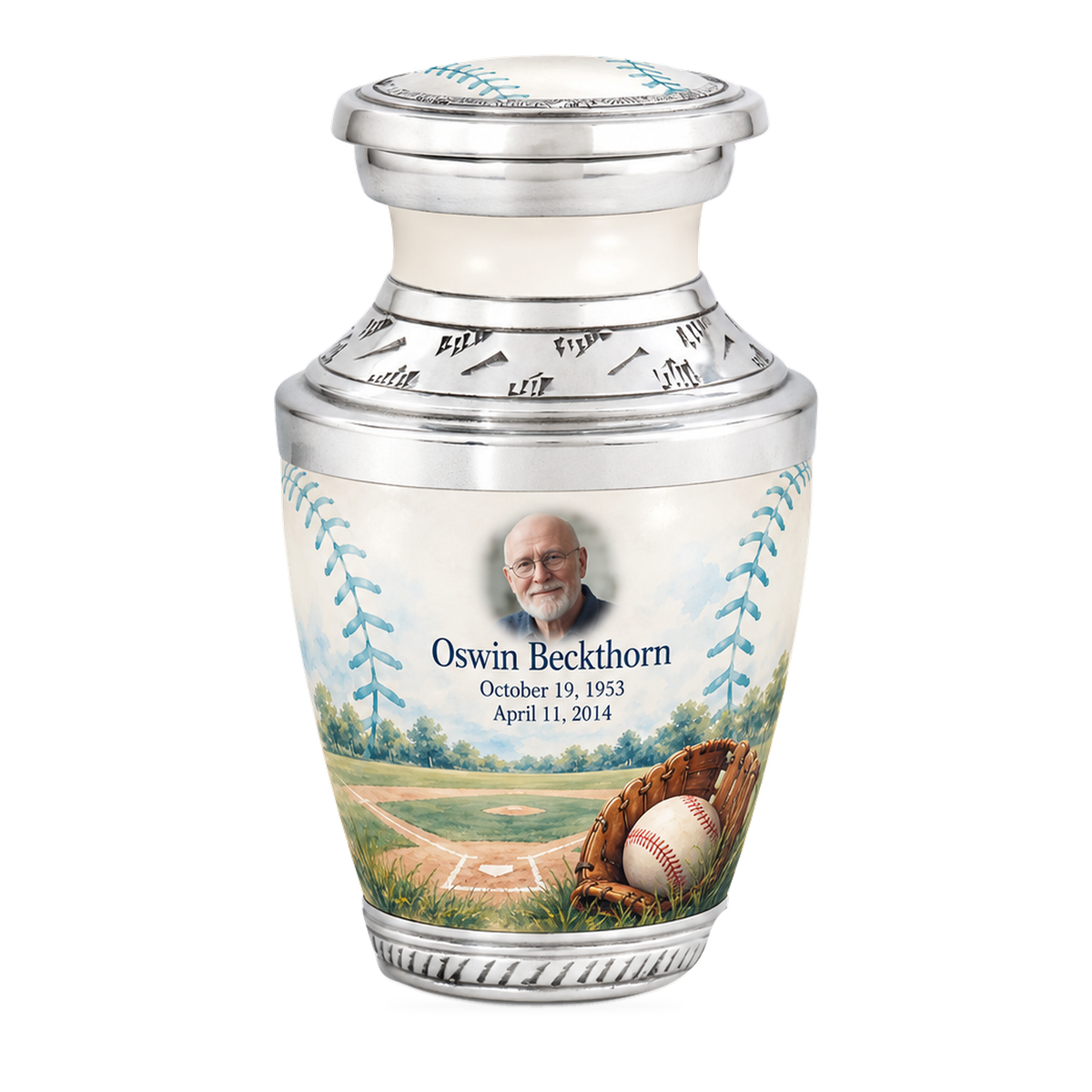 Tasty baseball scene photo memorial urn, 1 Keepsake 3 inch Urn; fictional personalization example.
