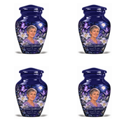 4 Keepsake 3 inch Urns, Classic urn with purple butterflies and moonlit white lilies, Brenna Quillford portrait, January 21, 1951 to August 5, 2023.