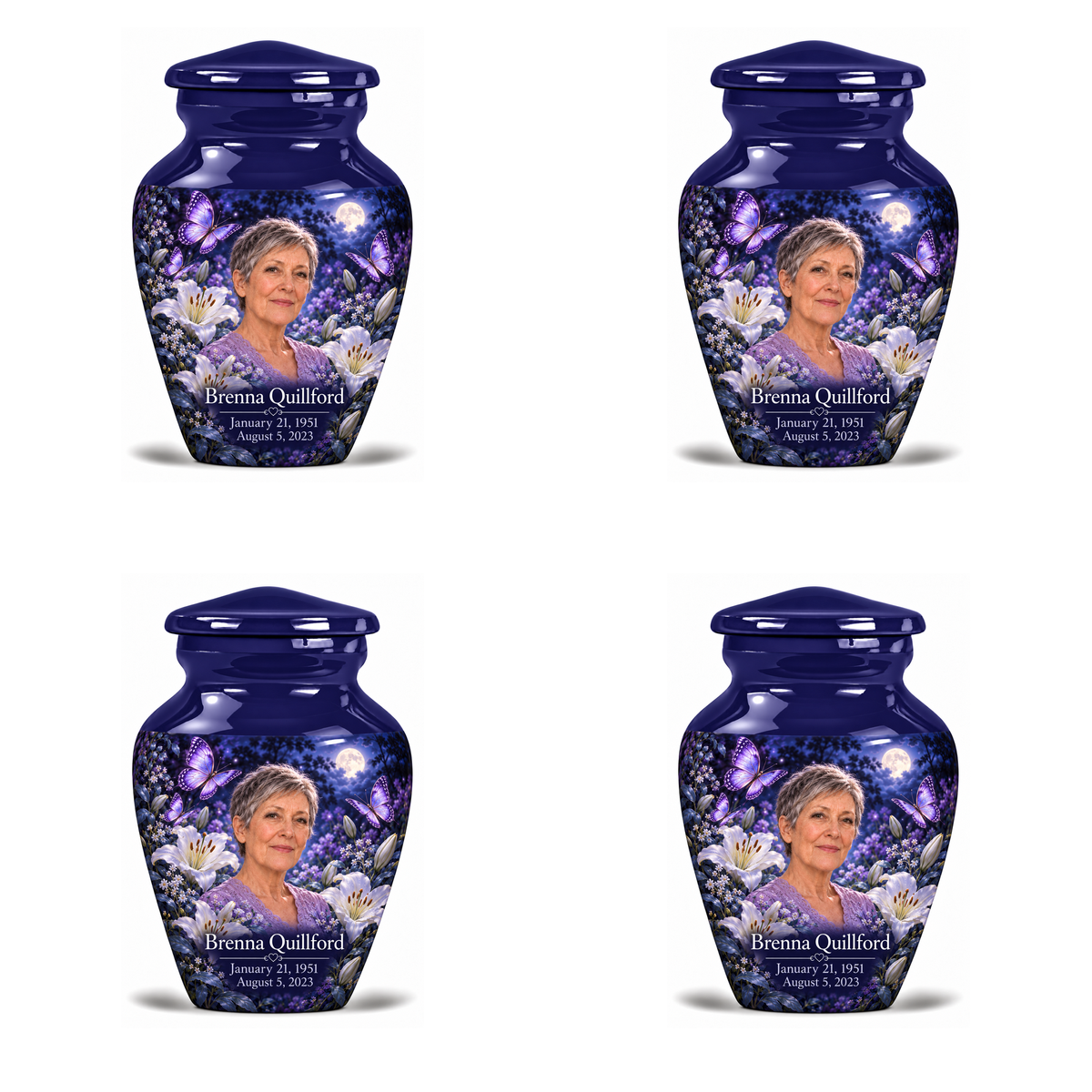 4 Keepsake 3 inch Urns, Classic urn with purple butterflies and moonlit white lilies, Brenna Quillford portrait, January 21, 1951 to August 5, 2023.