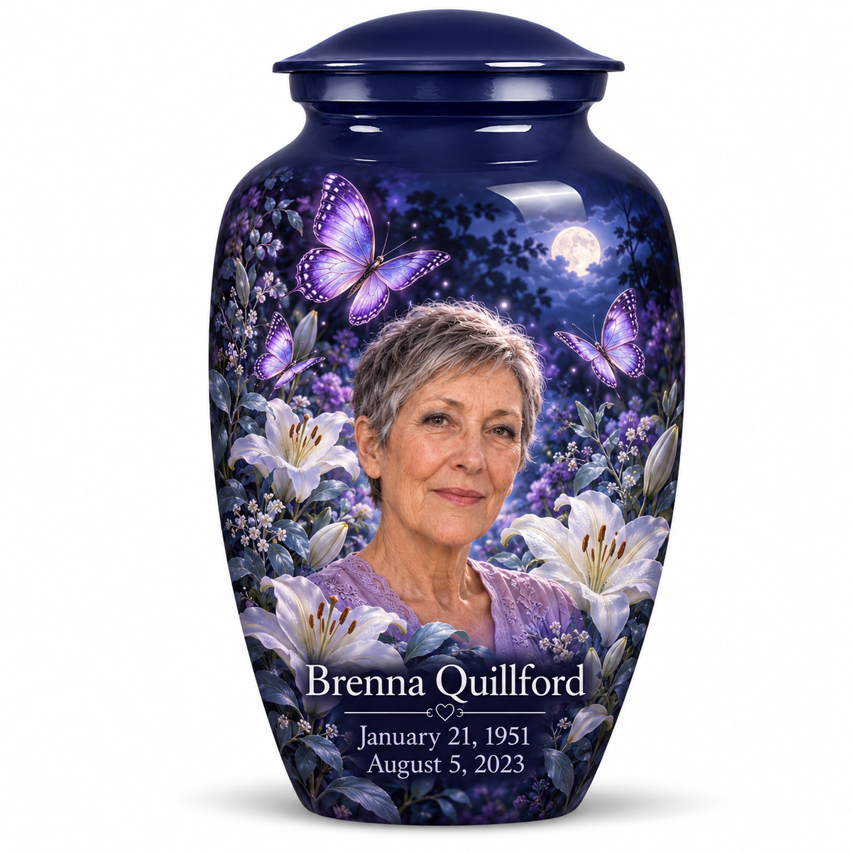 10 inch large Urn, Classic urn with purple butterflies and moonlit white lilies, Brenna Quillford portrait, January 21, 1951 to August 5, 2023.