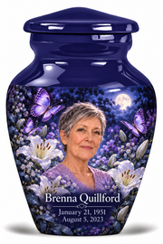 1 Keepsake 3 inch Urn, Classic urn with purple butterflies and moonlit white lilies, Brenna Quillford portrait, January 21, 1951 to August 5, 2023.