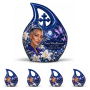 10 inch large Urn with 4 Keepsake 3 Inch Urns, Cross Drop urn with purple butterflies and moonlit white lilies, Zora Windhaven portrait, July 9, 1958 to October 26, 2022.