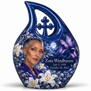 10 inch large Urn, Cross Drop urn with purple butterflies and moonlit white lilies, Zora Windhaven portrait, July 9, 1958 to October 26, 2022.