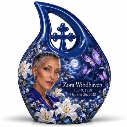 10 inch large Urn, Cross Drop urn with purple butterflies and moonlit white lilies, Zora Windhaven portrait, July 9, 1958 to October 26, 2022.