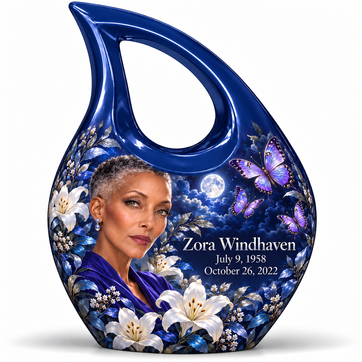 1 Keepsake 3 inch Urn, Cross Drop urn with purple butterflies and moonlit white lilies, Zora Windhaven portrait, July 9, 1958 to October 26, 2022.
