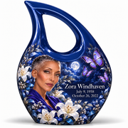 1 Keepsake 3 inch Urn, Cross Drop urn with purple butterflies and moonlit white lilies, Zora Windhaven portrait, July 9, 1958 to October 26, 2022.