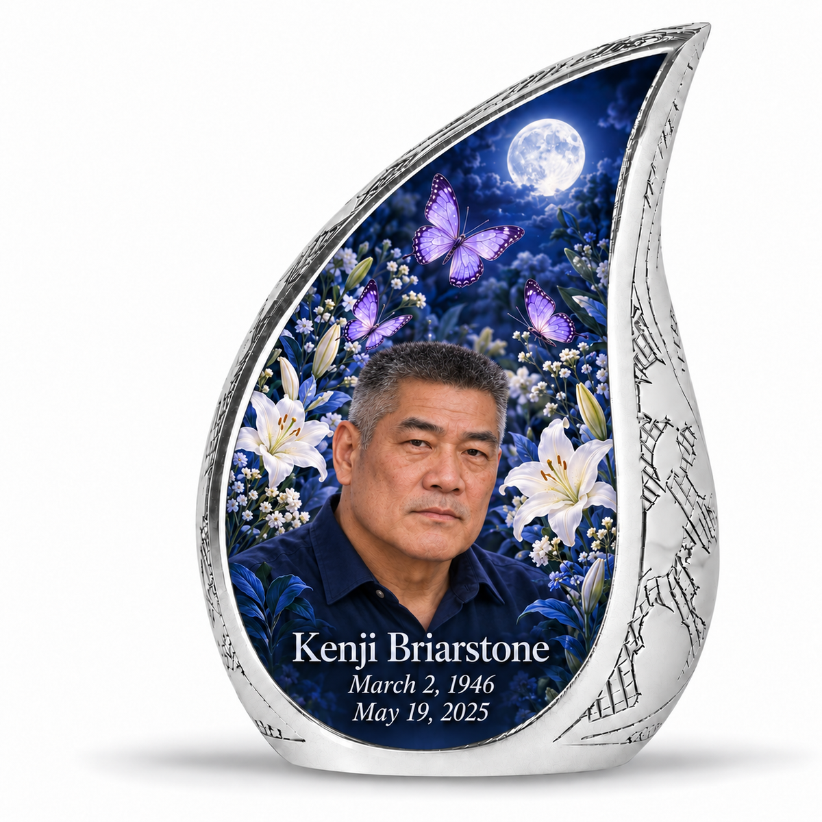 10 inch large Urn, Curved Drop urn with purple butterflies and moonlit white lilies, Kenji Briarstone portrait, March 2, 1946 to May 19, 2025.