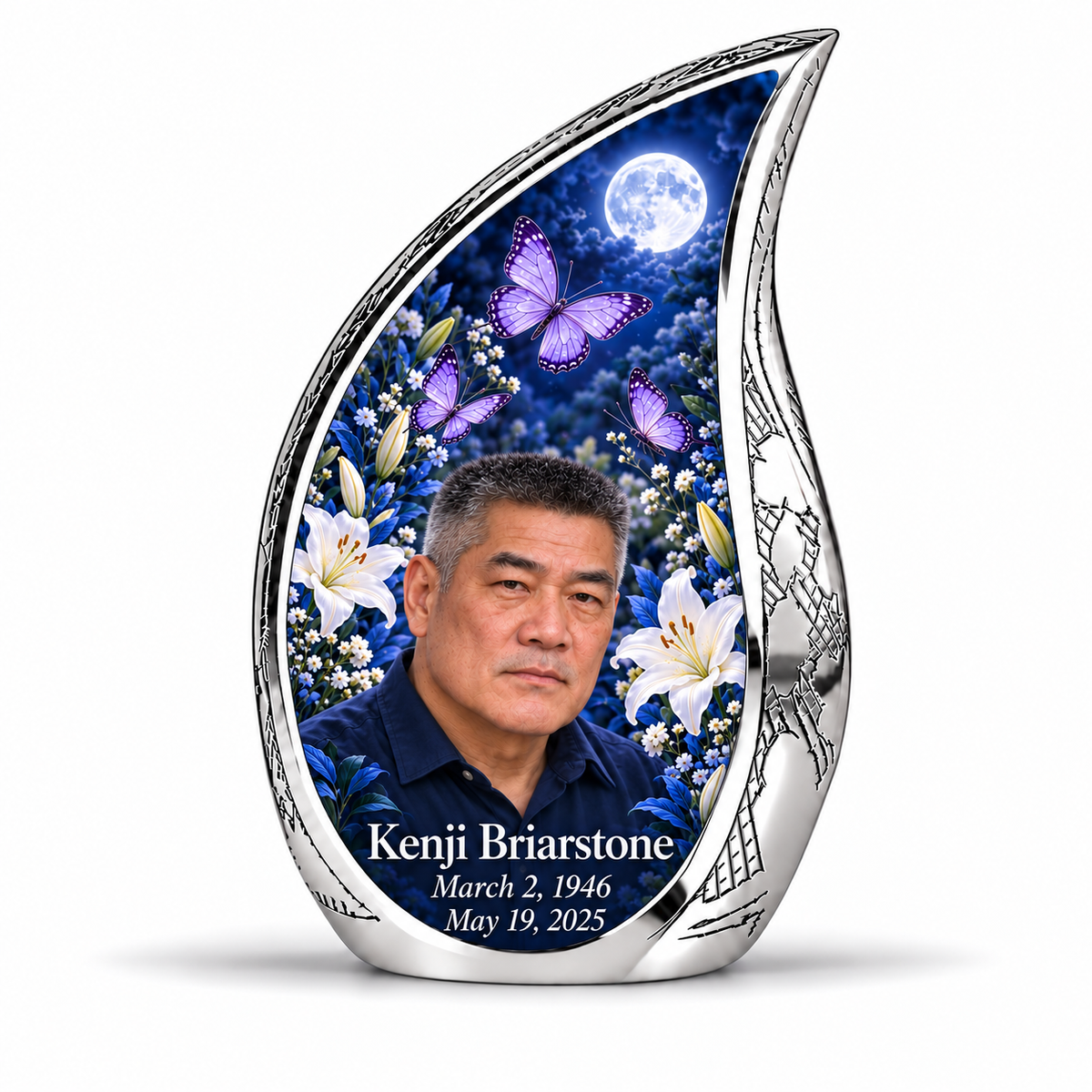 1 Keepsake 3 inch Urn, Curved Drop urn with purple butterflies and moonlit white lilies, Kenji Briarstone portrait, March 2, 1946 to May 19, 2025.