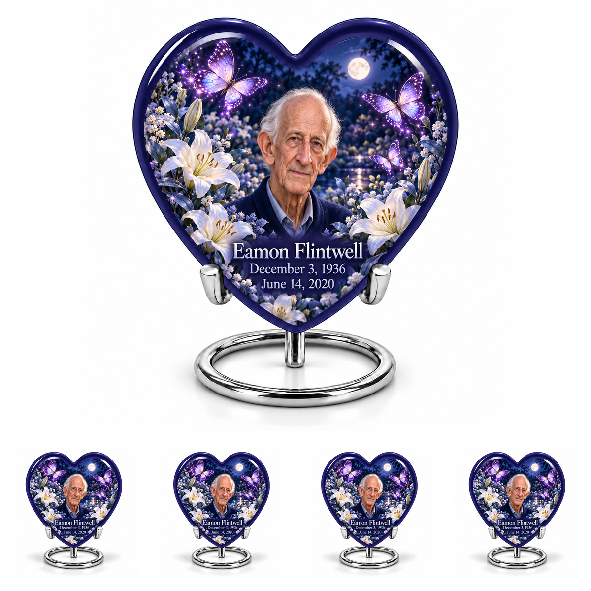 10 inch large Urn with 4 Keepsake 3 Inch Urns, Heart urn with purple butterflies and moonlit white lilies, Eamon Flintwell portrait, December 3, 1936 to June 14, 2020.