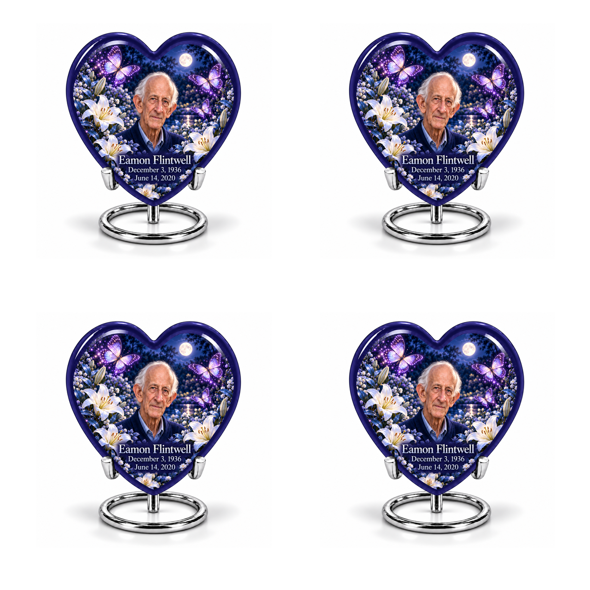 4 Keepsake 3 inch Urns, Heart urn with purple butterflies and moonlit white lilies, Eamon Flintwell portrait, December 3, 1936 to June 14, 2020.