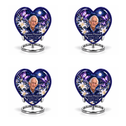 4 Keepsake 3 inch Urns, Heart urn with purple butterflies and moonlit white lilies, Eamon Flintwell portrait, December 3, 1936 to June 14, 2020.