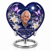 10 inch large Urn, Heart urn with purple butterflies and moonlit white lilies, Eamon Flintwell portrait, December 3, 1936 to June 14, 2020.