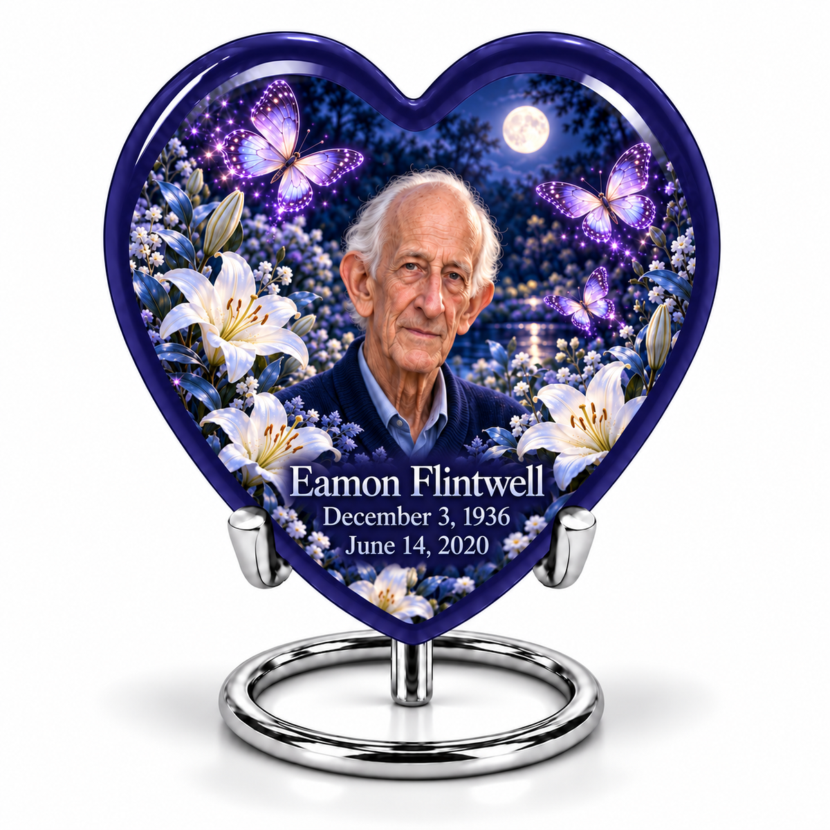 1 Keepsake 3 inch Urn, Heart urn with purple butterflies and moonlit white lilies, Eamon Flintwell portrait, December 3, 1936 to June 14, 2020.