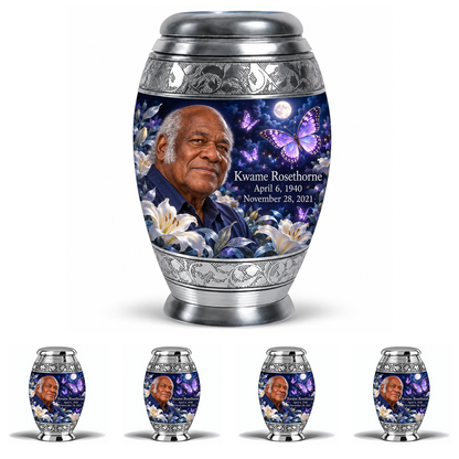 10 inch large Urn with 4 Keepsake 3 Inch Urns, Monar urn with purple butterflies and moonlit white lilies, Kwame Rosethorne portrait, April 6, 1940 to November 28, 2021.