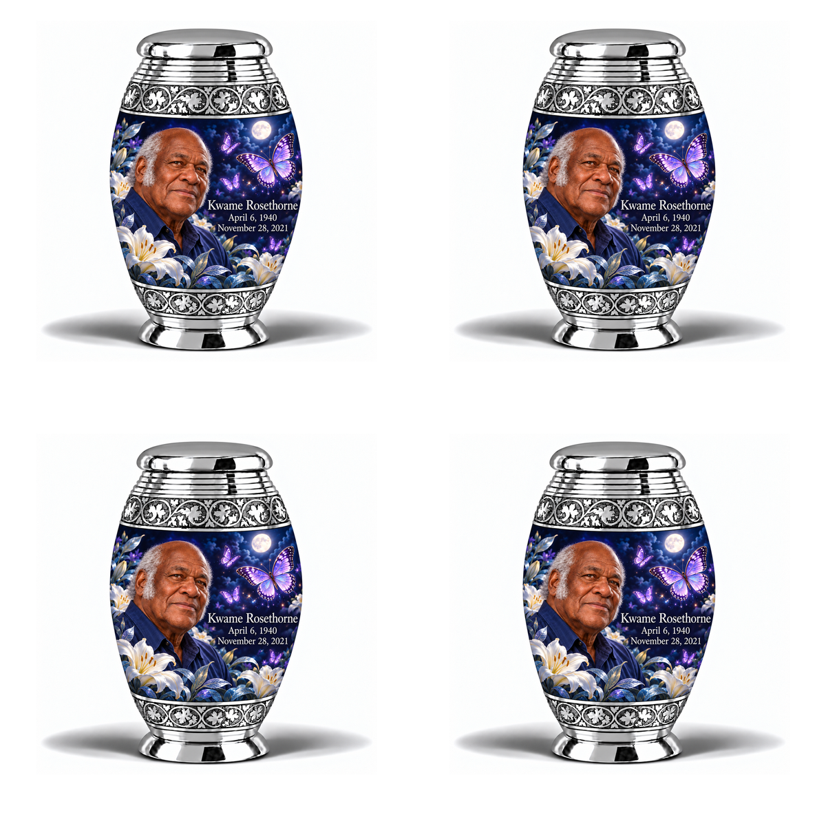 4 Keepsake 3 inch Urns, Monar urn with purple butterflies and moonlit white lilies, Kwame Rosethorne portrait, April 6, 1940 to November 28, 2021.