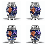 4 Keepsake 3 inch Urns, Monar urn with purple butterflies and moonlit white lilies, Kwame Rosethorne portrait, April 6, 1940 to November 28, 2021.