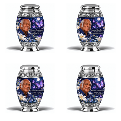 4 Keepsake 3 inch Urns, Monar urn with purple butterflies and moonlit white lilies, Kwame Rosethorne portrait, April 6, 1940 to November 28, 2021.