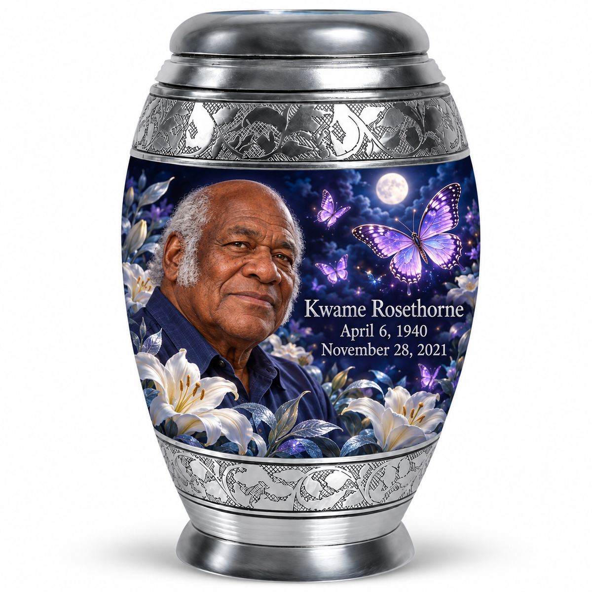10 inch large Urn, Monar urn with purple butterflies and moonlit white lilies, Kwame Rosethorne portrait, April 6, 1940 to November 28, 2021.