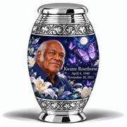 1 Keepsake 3 inch Urn, Monar urn with purple butterflies and moonlit white lilies, Kwame Rosethorne portrait, April 6, 1940 to November 28, 2021.