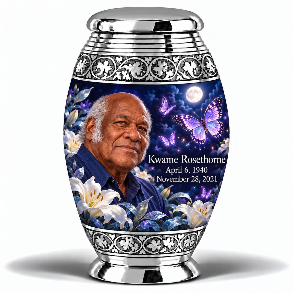 1 Keepsake 3 inch Urn, Monar urn with purple butterflies and moonlit white lilies, Kwame Rosethorne portrait, April 6, 1940 to November 28, 2021.