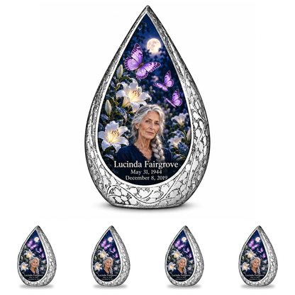 10 inch large Urn with 4 Keepsake 3 Inch Urns, Straight Drop urn with purple butterflies and moonlit white lilies, Lucinda Fairgrove portrait, May 31, 1944 to December 8, 2019.