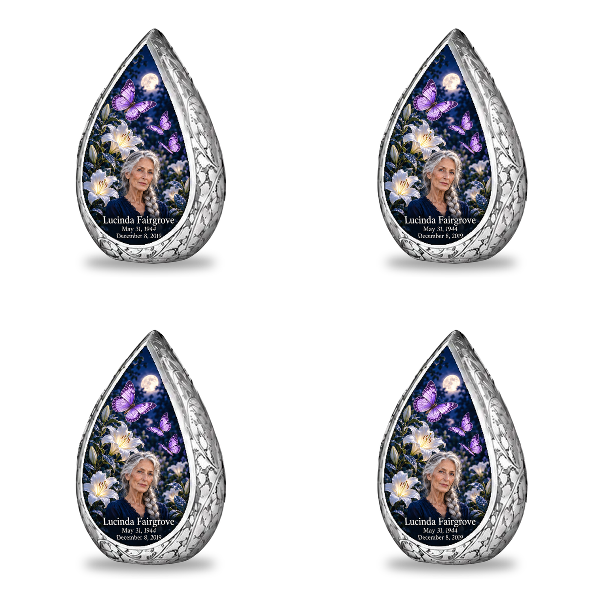 4 Keepsake 3 inch Urns, Straight Drop urn with purple butterflies and moonlit white lilies, Lucinda Fairgrove portrait, May 31, 1944 to December 8, 2019.
