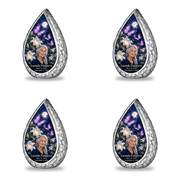 4 Keepsake 3 inch Urns, Straight Drop urn with purple butterflies and moonlit white lilies, Lucinda Fairgrove portrait, May 31, 1944 to December 8, 2019.