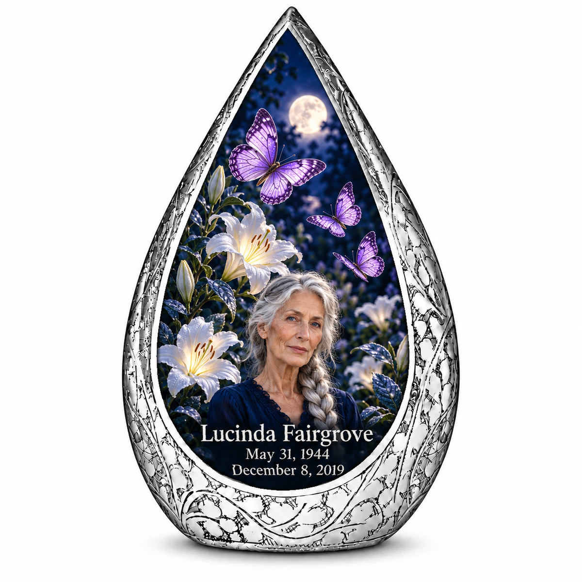10 inch large Urn, Straight Drop urn with purple butterflies and moonlit white lilies, Lucinda Fairgrove portrait, May 31, 1944 to December 8, 2019.