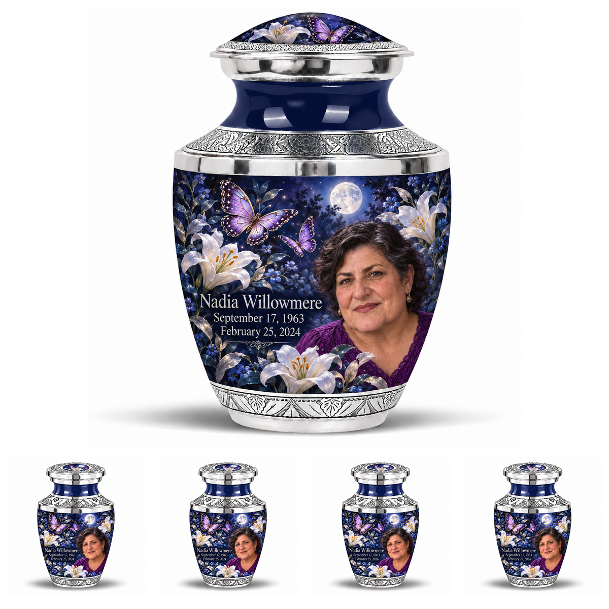 10 inch large Urn with 4 Keepsake 3 Inch Urns, Tasty urn with purple butterflies and moonlit white lilies, Nadia Willowmere portrait, September 17, 1963 to February 25, 2024.