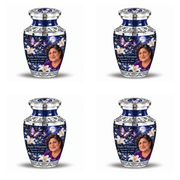 4 Keepsake 3 inch Urns, Tasty urn with purple butterflies and moonlit white lilies, Nadia Willowmere portrait, September 17, 1963 to February 25, 2024.