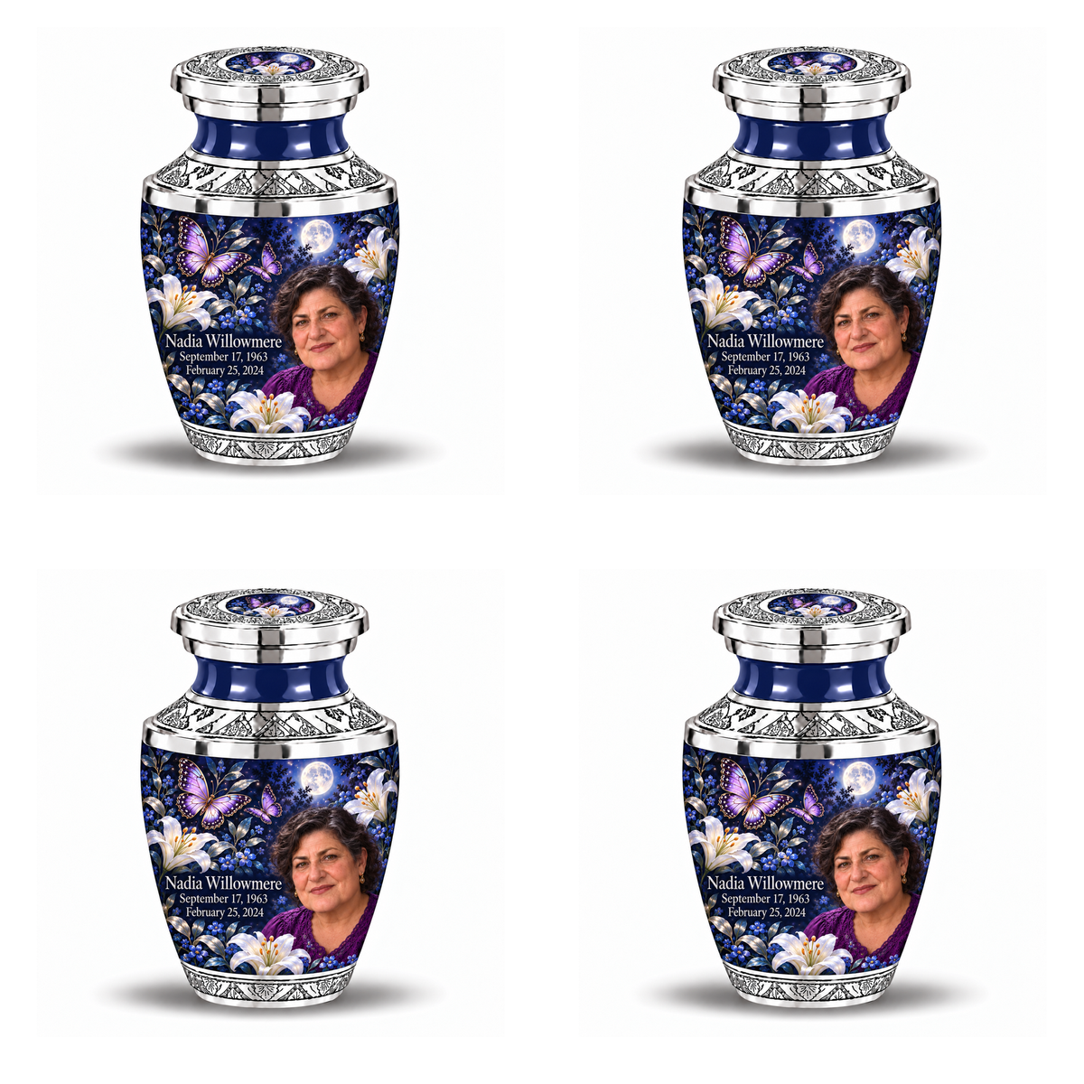 4 Keepsake 3 inch Urns, Tasty urn with purple butterflies and moonlit white lilies, Nadia Willowmere portrait, September 17, 1963 to February 25, 2024.