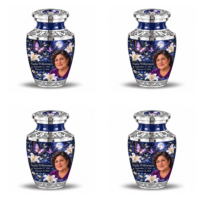 4 Keepsake 3 inch Urns, Tasty urn with purple butterflies and moonlit white lilies, Nadia Willowmere portrait, September 17, 1963 to February 25, 2024.