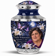10 inch large Urn, Tasty urn with purple butterflies and moonlit white lilies, Nadia Willowmere portrait, September 17, 1963 to February 25, 2024.