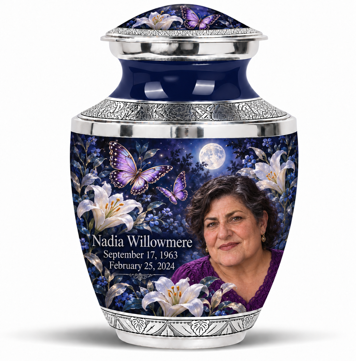 10 inch large Urn, Tasty urn with purple butterflies and moonlit white lilies, Nadia Willowmere portrait, September 17, 1963 to February 25, 2024.