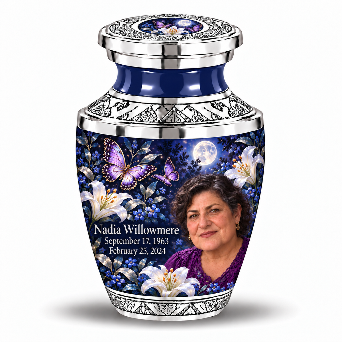 1 Keepsake 3 inch Urn, Tasty urn with purple butterflies and moonlit white lilies, Nadia Willowmere portrait, September 17, 1963 to February 25, 2024.