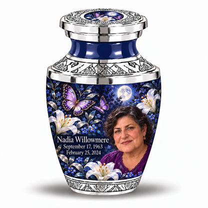1 Keepsake 3 inch Urn, Tasty urn with purple butterflies and moonlit white lilies, Nadia Willowmere portrait, September 17, 1963 to February 25, 2024.