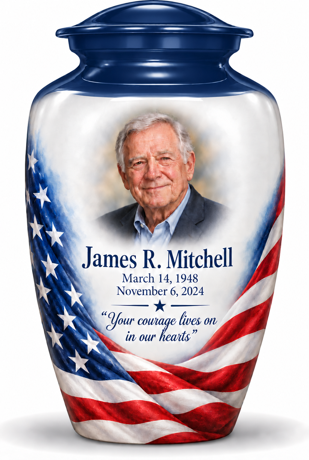 Personalized American flag Classic urn, 10 inch large Urn; sample portrait and memorial text