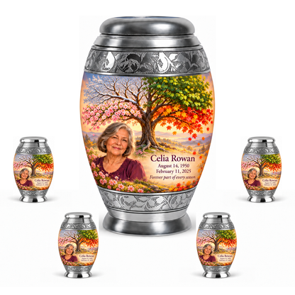 Personalized Tree of Life Monar urn, 10 inch large Urn with 4 Keepsake 3 Inch Urns; fictional portrait example