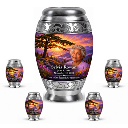 Monar Tree of Life urn, 10 inch large Urn with 4 Keepsake 3 Inch Urns, mountain cedar and sunrise artwork with fictional example portrait and full dates