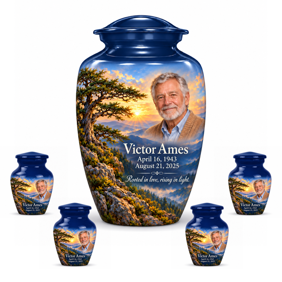 Classic Tree of Life urn, 10 inch large Urn with 4 Keepsake 3 Inch Urns, mountain cedar and sunrise artwork with fictional example portrait and full dates