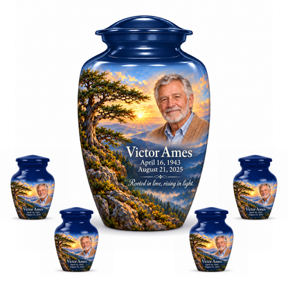 Classic Tree of Life urn, 10 inch large Urn with 4 Keepsake 3 Inch Urns, mountain cedar and sunrise artwork with fictional example portrait and full dates