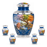 Personalized Tree of Life Tasty urn, 10 inch large Urn with 4 Keepsake 3 Inch Urns; fictional portrait example