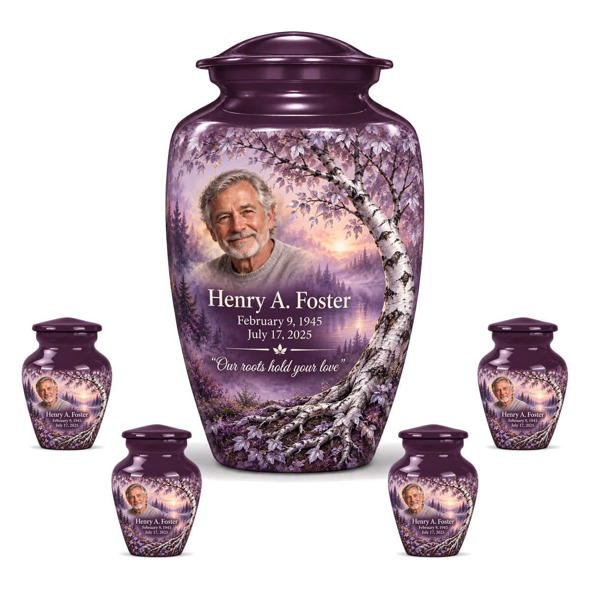 Personalized Tree of Life Classic urn, 10 inch large Urn with 4 Keepsake 3 Inch Urns; fictional portrait example