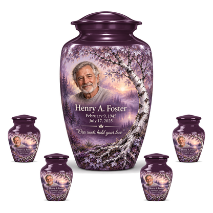 Personalized Tree of Life Classic urn, 10 inch large Urn with 4 Keepsake 3 Inch Urns; fictional portrait example