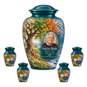 Personalized Tree of Life Classic urn, 10 inch large Urn with 4 Keepsake 3 Inch Urns; fictional portrait example