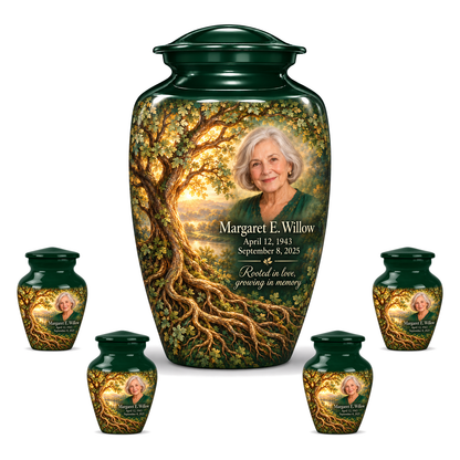 Personalized Tree of Life Classic urn, 10 inch large Urn with 4 Keepsake 3 Inch Urns; fictional portrait example