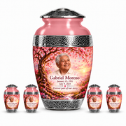 Personalized Tree of Life Premium Classic urn, 10 inch large Urn with 4 Keepsake 3 Inch Urns; fictional portrait example