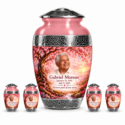 Personalized Tree of Life Premium Classic urn, 10 inch large Urn with 4 Keepsake 3 Inch Urns; fictional portrait example
