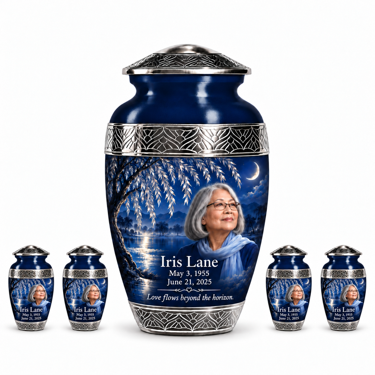 Personalized Tree of Life Premium Classic urn, 10 inch large Urn with 4 Keepsake 3 Inch Urns; fictional portrait example