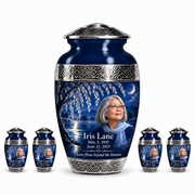 Personalized Tree of Life Premium Classic urn, 10 inch large Urn with 4 Keepsake 3 Inch Urns; fictional portrait example